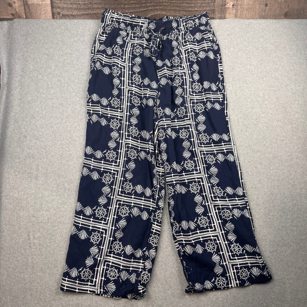 Sonoma Pants‎ Womens Large Navy Nautical Bandana Linen Blend Beachy Wide Leg